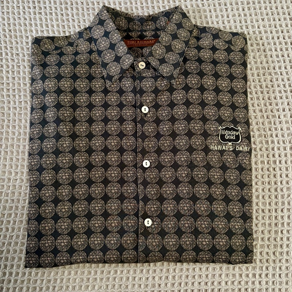 Tori Richard Geometric Hawaiian Dairy Logo Short Sleeve Shirt Mens Medium